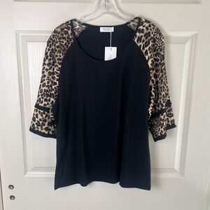 Belldini Black Top with Leopard Print Sleeves